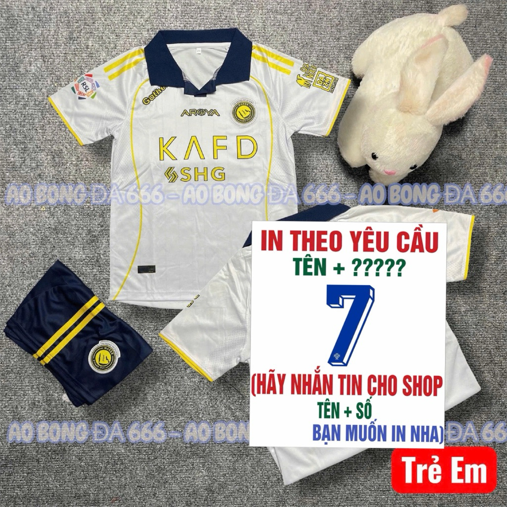 Áo Bóng Đá, Áo Đá Banh / Trẻ Em CLB Al Nassr 2024 / 2025 - Vải Mè Kim Cao Cấp - in Sẵn Tên Ronaldo,