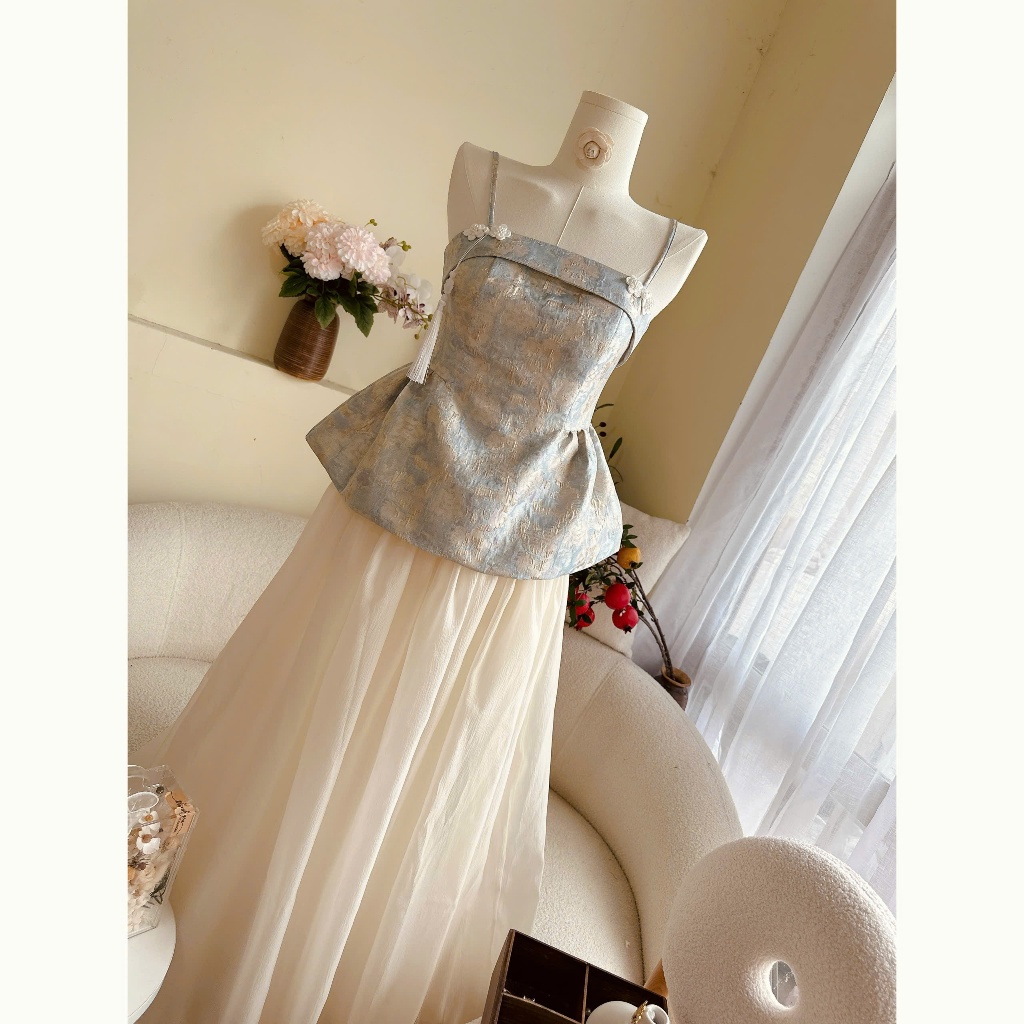 LASY Thời Trang Nữ - Set Áo Gấm Và Chân Váy Voan Dài - Đi Tiệc, Đi Chơi