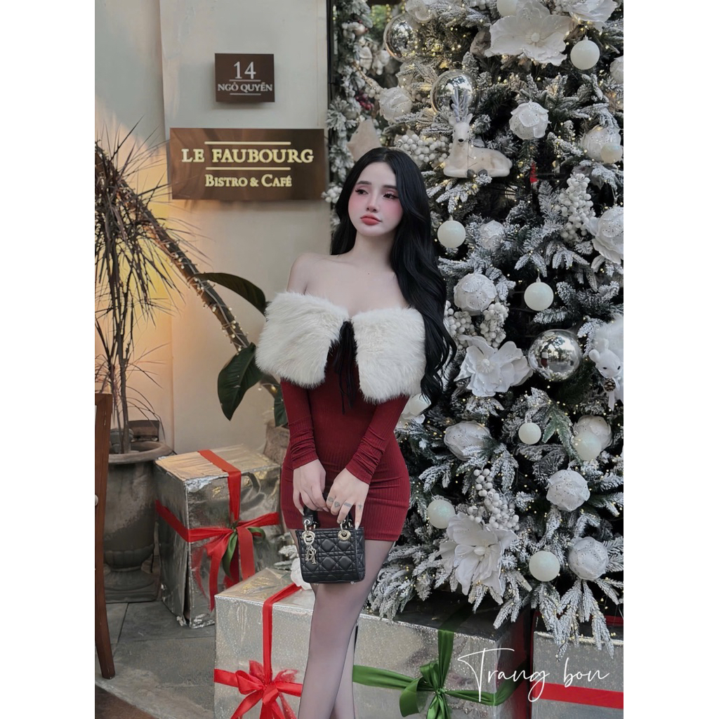 Đầm trễ vai lông tiểu thư mặc đi chơi noel chơi tết tuyệt đẹp