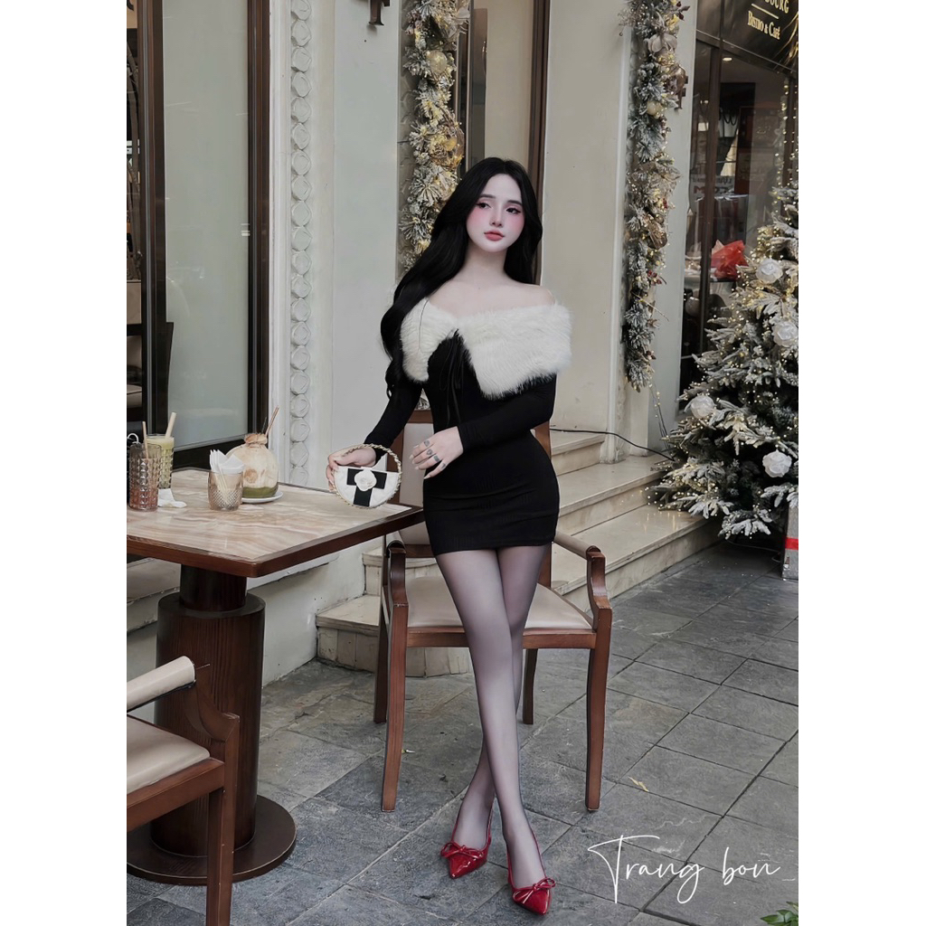 Đầm trễ vai lông tiểu thư mặc đi chơi noel chơi tết tuyệt đẹp