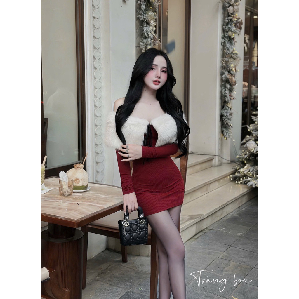 Đầm trễ vai lông tiểu thư mặc đi chơi noel chơi tết tuyệt đẹp