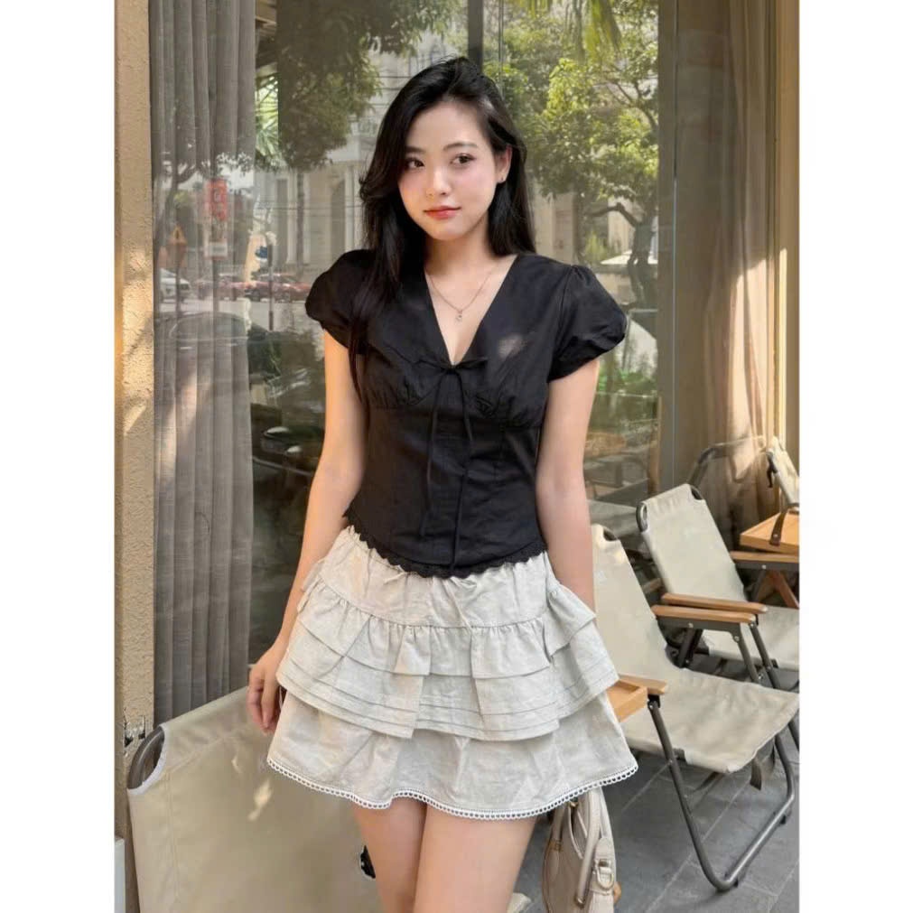 Áo Kiểu Linen Xinh Nữ Cổ V Phối Viền Ren Tay Ngắn Mùa Hè G628