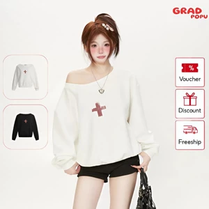 Áo nỉ GRADPOPU trễ vai in chữ thập cổ rộng đa năng có thể đảo ngược lớp lót thoáng khí PAN68