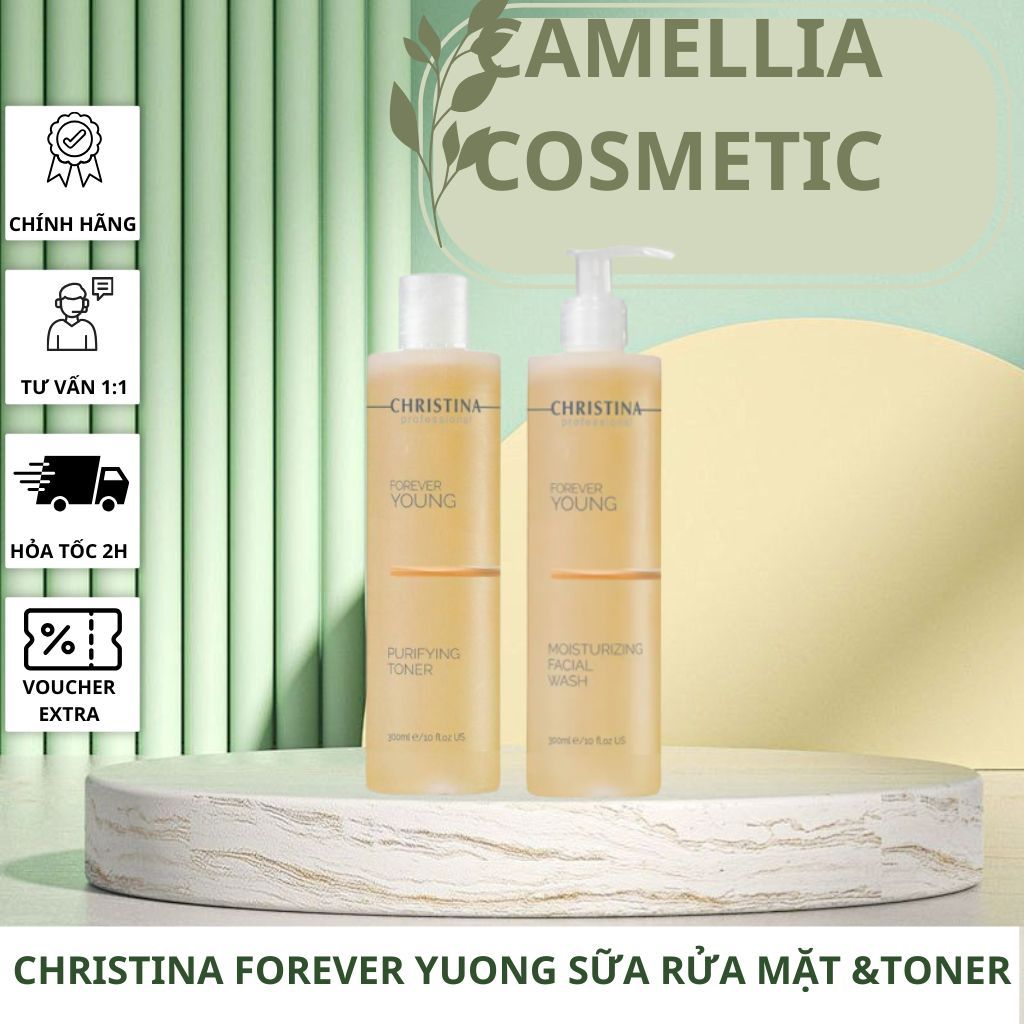 Sữa Rửa Mặt + Toner Christina Forever Young Cân Bằng Dưỡng Ẩm, Nước Hoa Hồng 300ML