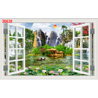 Tranh dán tường 3d cửa sổ thoáng mát tạo cảm giác thoải mái, tự nhiên