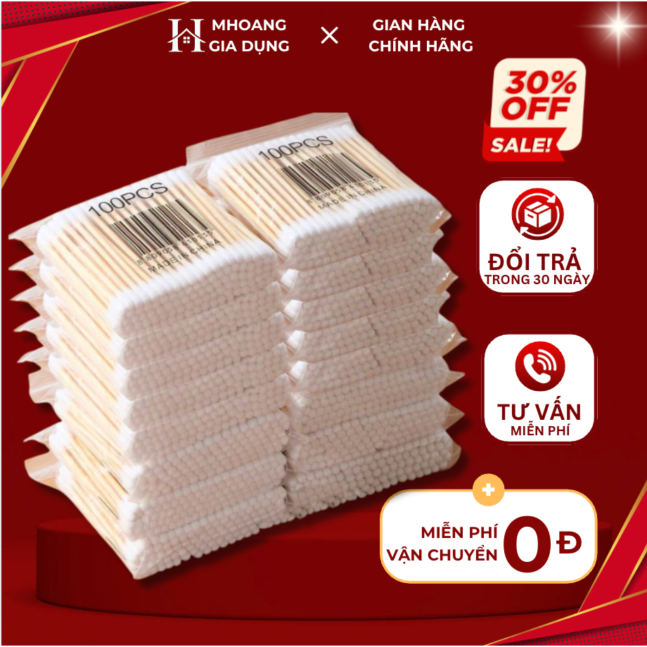 Gói 100 Tăm Bông Ngoáy Tai Thân Gỗ, Tăm Bông Nặn Mụn Hai Đầu Đa Năng Vệ Sinh An Toàn