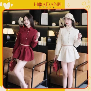 Set Áo Dạ Tweed Croptop Khuy Ngọc Mix Chân Váy Ngắn Xoè Kèm Tang Nơ Hàng 2 Lớp Dày Dặn