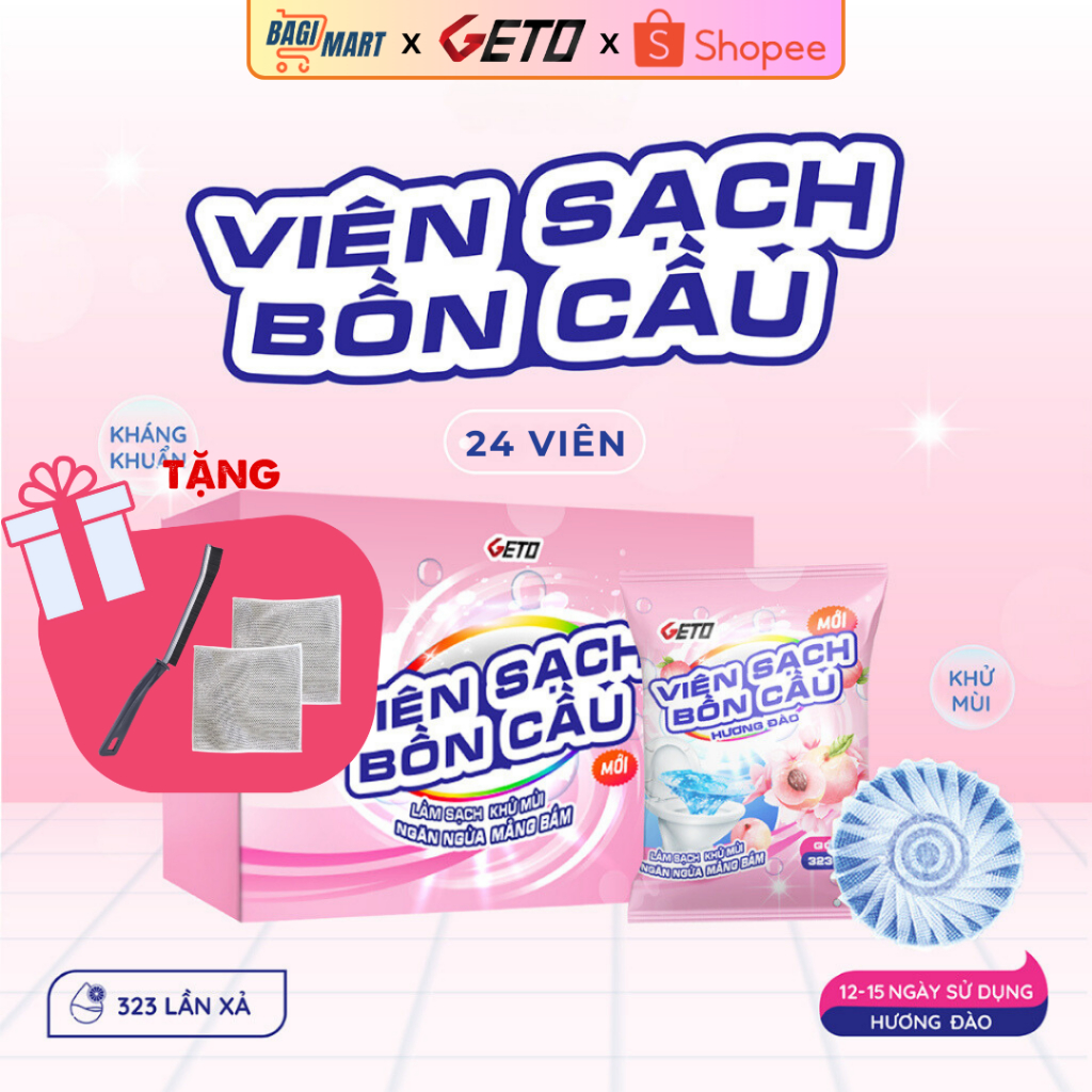 Viên sạch bồn cầu Geto Hương Đào viên thả bồn cầu sạch khuẩn, tẩy sạch mảng bám, khử mùi diệt vi khuẩn