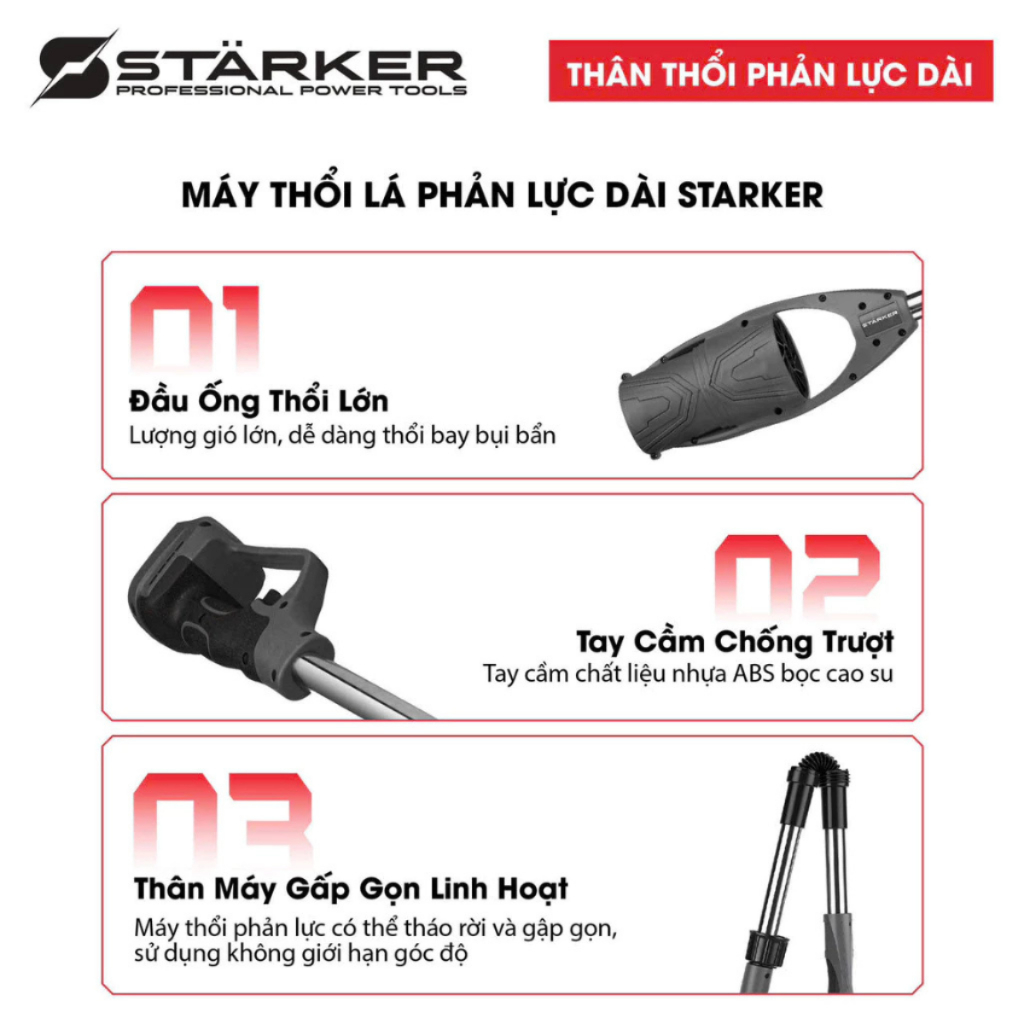 Máy Thổi Phản Lực Cán Dài STARKER SK-PL555GR Động Cơ Lõi Đồng - Thổi Lá, Thổi Bụi, Chân Pin Phổ Thông