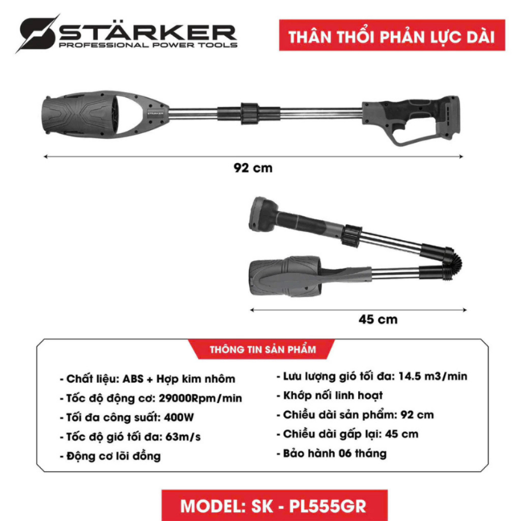 Máy Thổi Phản Lực Cán Dài STARKER SK-PL555GR Động Cơ Lõi Đồng - Thổi Lá, Thổi Bụi, Chân Pin Phổ Thông