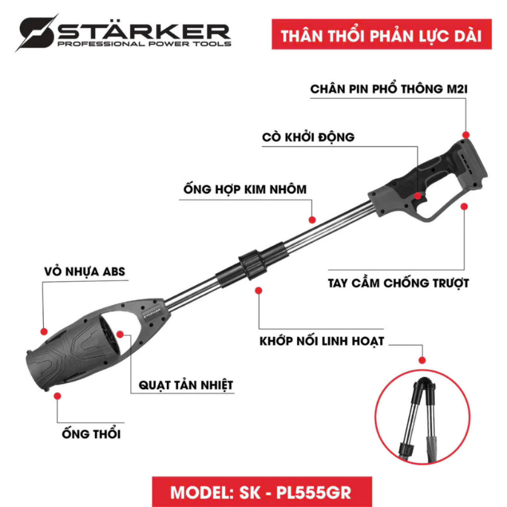 Máy Thổi Phản Lực Cán Dài STARKER SK-PL555GR Động Cơ Lõi Đồng - Thổi Lá, Thổi Bụi, Chân Pin Phổ Thông