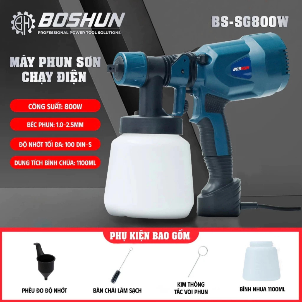 Máy Phun Sơn BOSHUN BS-SG800W, Ruột Đồng 100%, Công Suất 800w, Bình 1000ml, Kim Phun Bằng Đồng