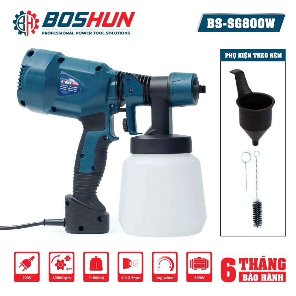 Máy Phun Sơn BOSHUN BS-SG800W, Ruột Đồng 100%, Công Suất 800w, Bình 1000ml, Kim Phun Bằng Đồng