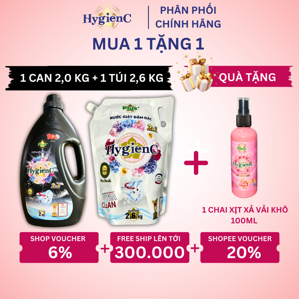 Combo 2 Nước Giặt Đậm Đặc Hygienc Plus: 1 Can 2,0kg + 1 Túi 2,6kg - Hương Nước Hoa, Sạch Vết Bẩn