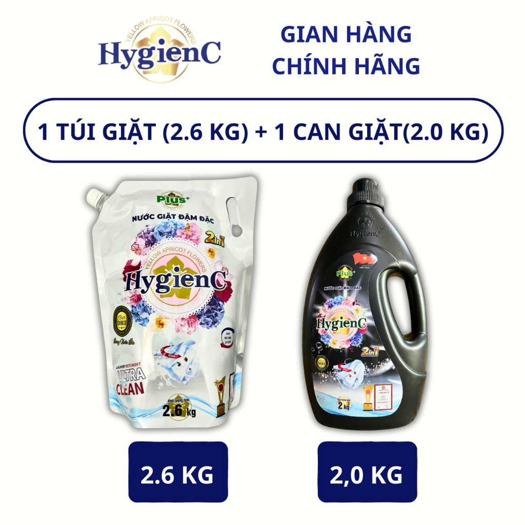 Combo 2 Nước Giặt Đậm Đặc Hygienc Plus: 1 Can 2,0kg + 1 Túi 2,6kg - Hương Nước Hoa, Sạch Vết Bẩn