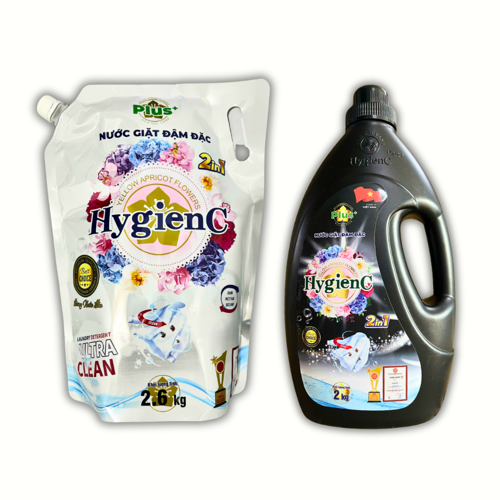 Combo 2 Nước Giặt Đậm Đặc Hygienc Plus: 1 Can 2,0kg + 1 Túi 2,6kg - Hương Nước Hoa, Sạch Vết Bẩn