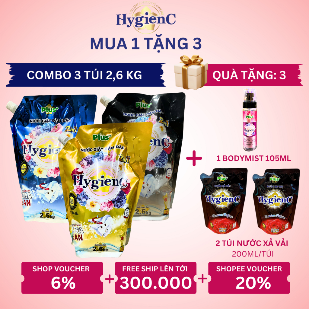 Combo 3 Túi Nước Giặt Đậm Đặc HygienC Plus 2.6Kg/ Túi - Hương Nước Hoa, Làm Sạch Vết Bẩn