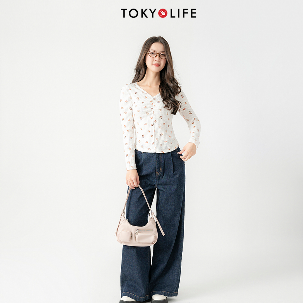 Áo Thun Len Nữ Cổ Tim Dáng Ôm, Nhún Trang Trí, Co Giãn Tốt 40002332 - TOKYOLIFE