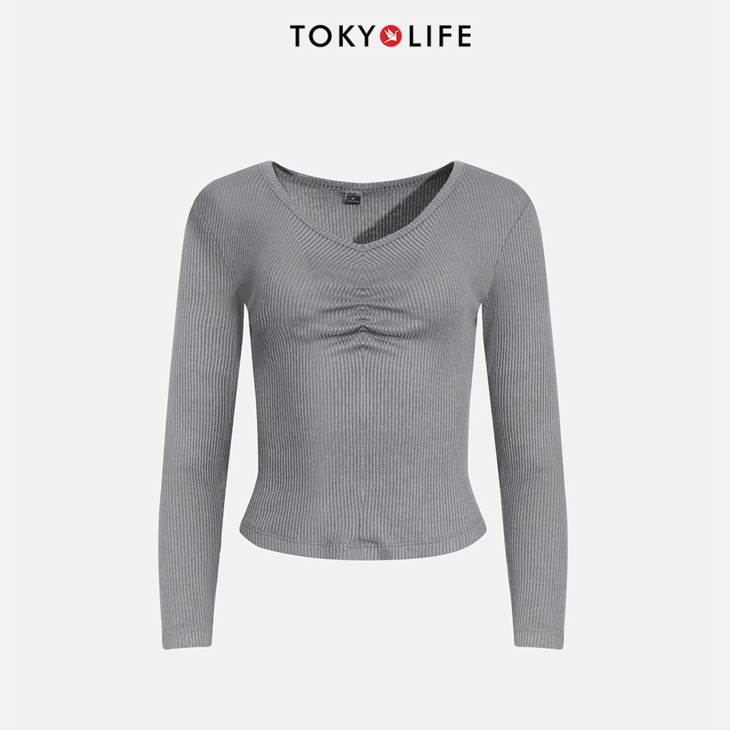 Áo Thun Len Nữ Cổ Tim Dáng Ôm, Nhún Trang Trí, Co Giãn Tốt 40002332 - TOKYOLIFE