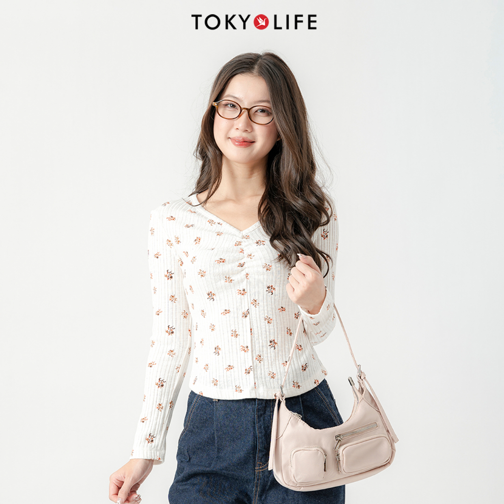 Áo Thun Len Nữ Cổ Tim Dáng Ôm, Nhún Trang Trí, Co Giãn Tốt 40002332 - TOKYOLIFE