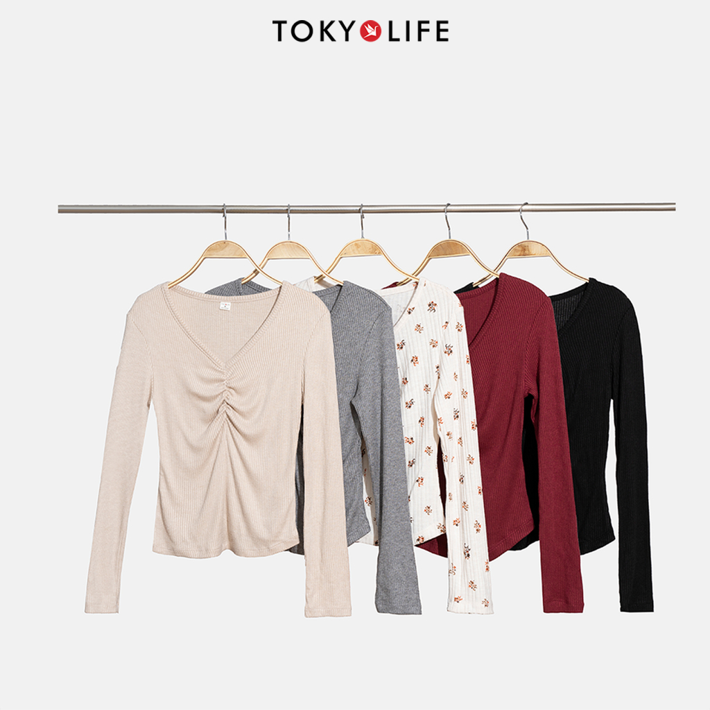 Áo Thun Len Nữ Cổ Tim Dáng Ôm, Nhún Trang Trí, Co Giãn Tốt 40002332 - TOKYOLIFE