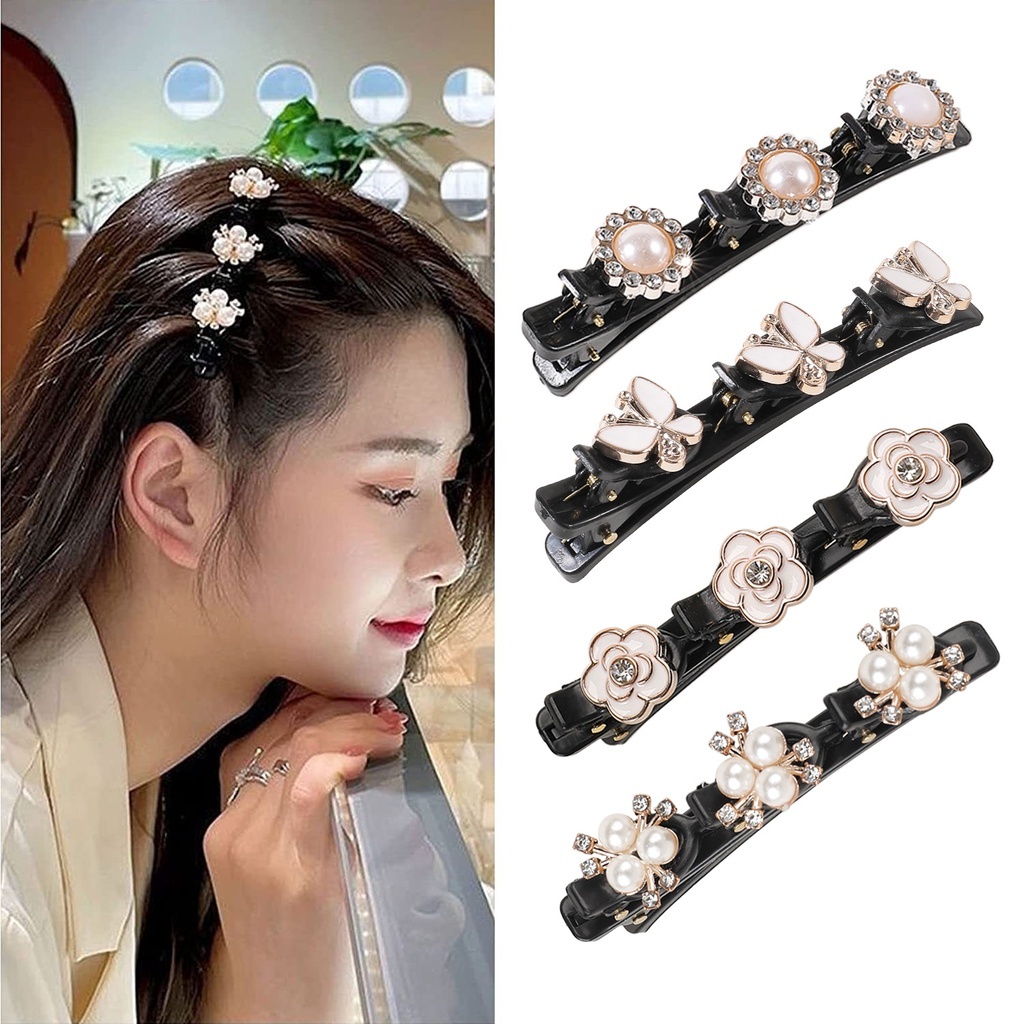 Kẹp Tóc Mái Mỏ Vịt Hai Lớp Tạo Kiểu Tóc Bện làm Phồng Tóc Họa Tiết Hoa, Hạt Ngọc Xinh Xắn Empoli