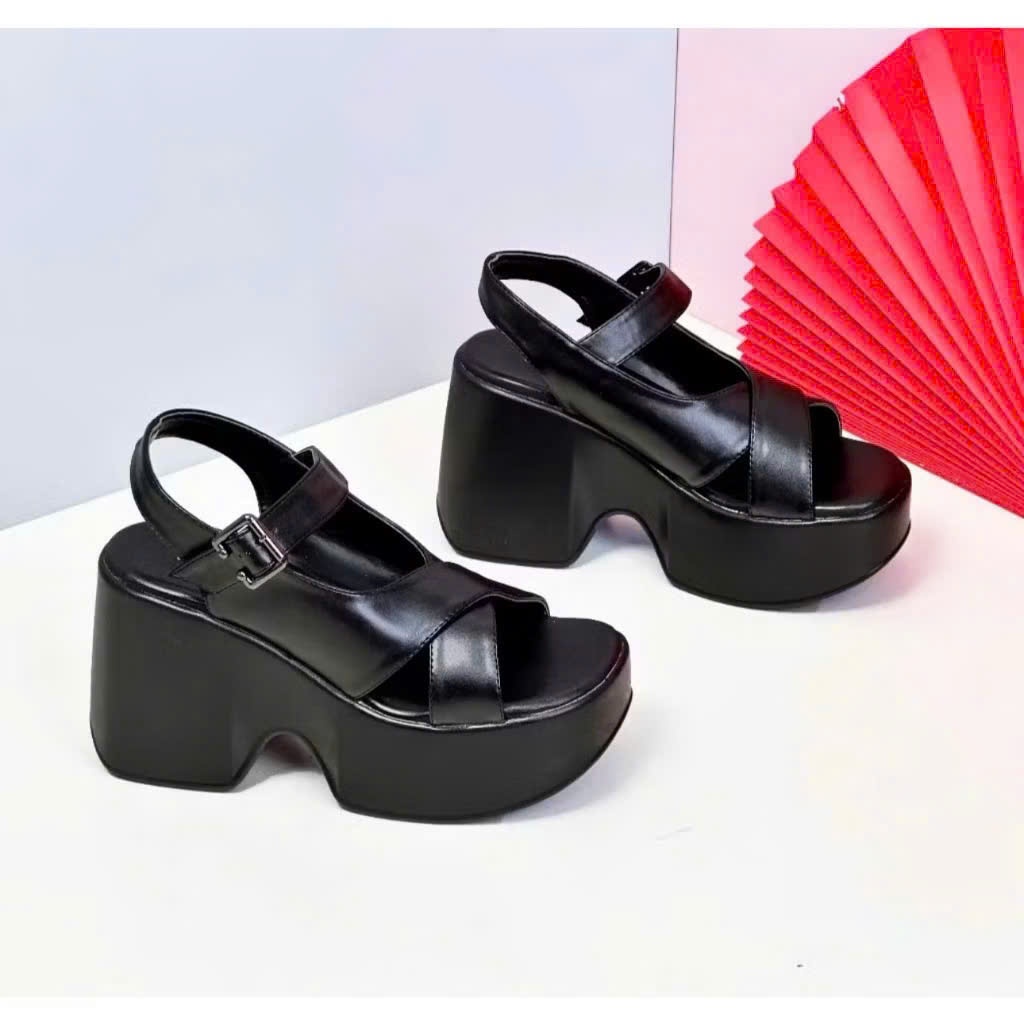 GIÀY SANDAL ĐẾ XUỒNG QUAI CHÉO KHÓA CÀI 10CM DA XỊN SIÊU BỀNqq VV