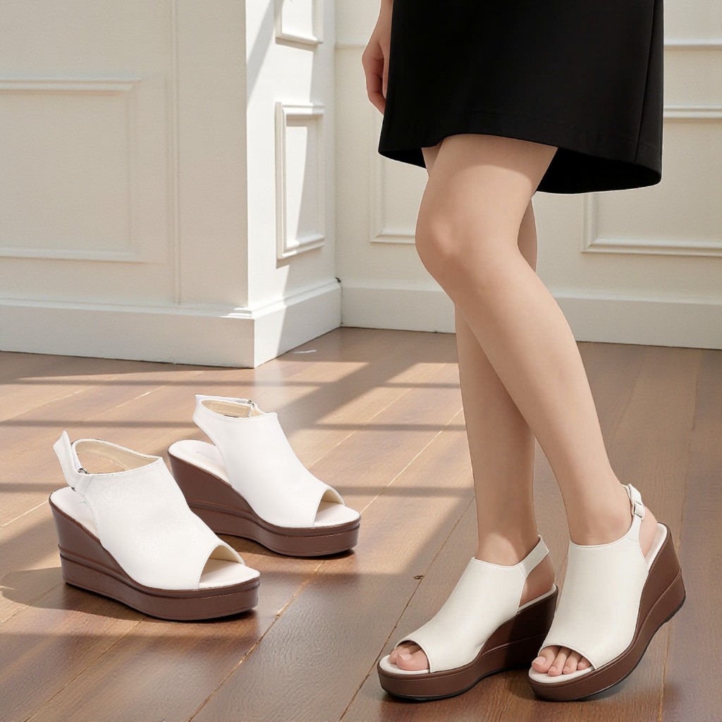 Giày Sandal Nữ Đế Xuồng 8cm Giả Boot Hở Mũi Thời Trang Pixie H419