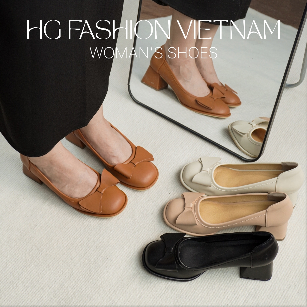 Giày cao gót nữ đính nơ gót vuông 5cm HG Fashion thanh lịch dễ phối đồ công sở HG91425