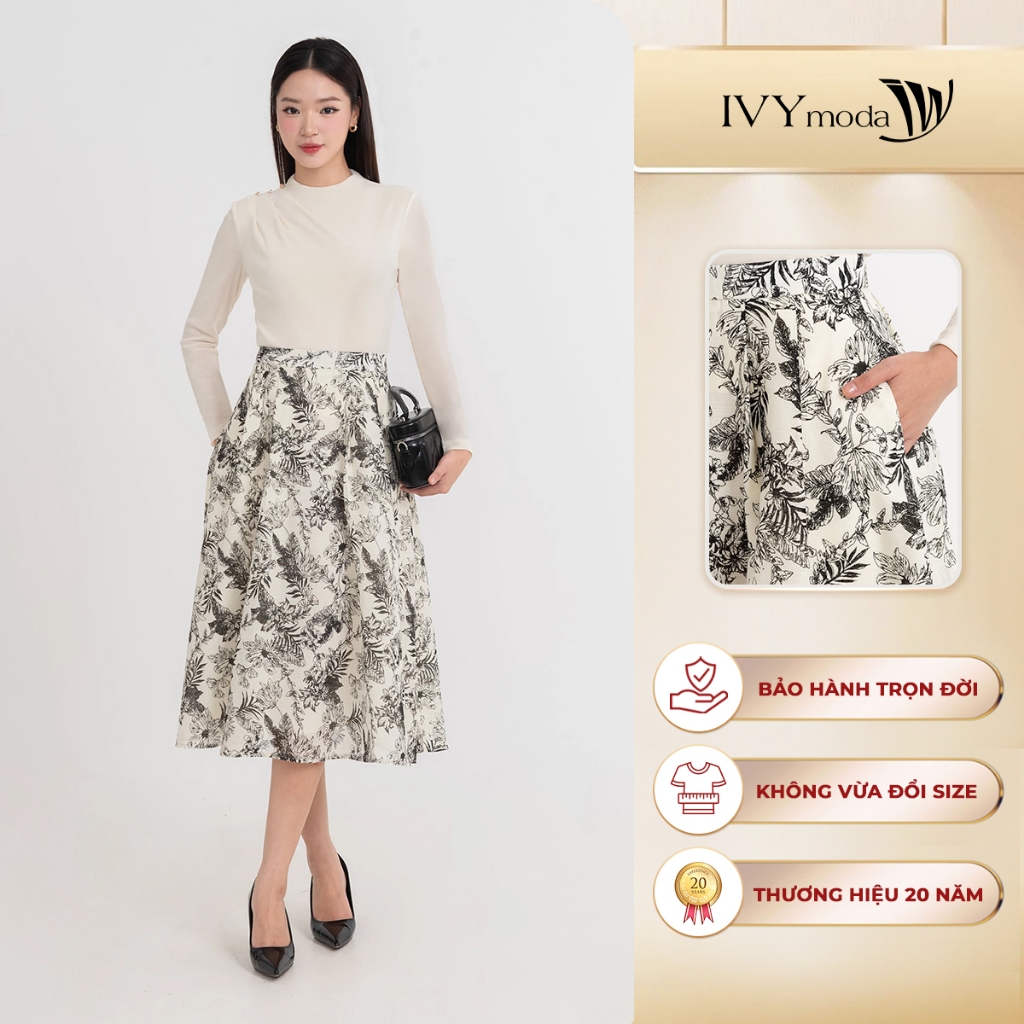 Chân váy xòe họa tiết hoa, chân váy xòe xếp ly dáng dài IVY moda MS 31T0284