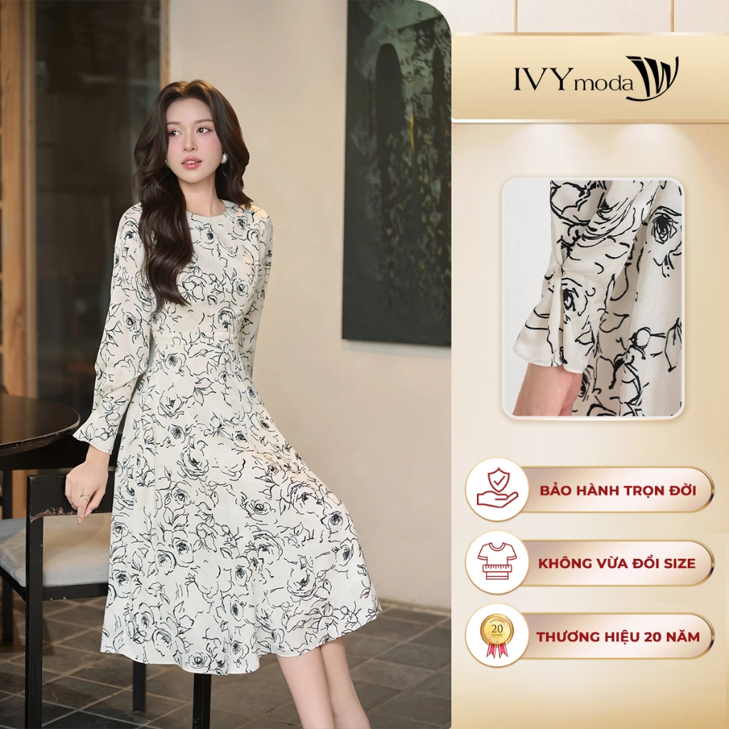 Đầm lụa tay dài họa tiết cổ tròn, Đầm dáng midi công sở dạo phố nữ IVY moda MS 48T0286