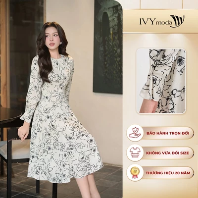 Đầm lụa tay dài họa tiết cổ tròn, Đầm dáng midi công sở dạo phố nữ IVY moda MS 48T0286