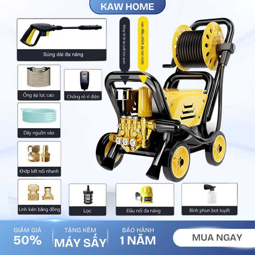 Máy rửa xe cao áp KAW 3300W công suất lớn, áp lực cao, tiết kiệm nước, bền bỉ vượt trội