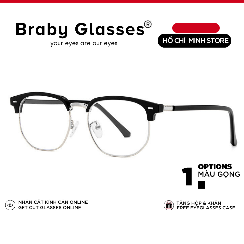 Gọng kính cận mắt vuông nam nữ Braby Glasses chất liệu kim loại dáng basic chống ánh sáng xanh, UV MK88