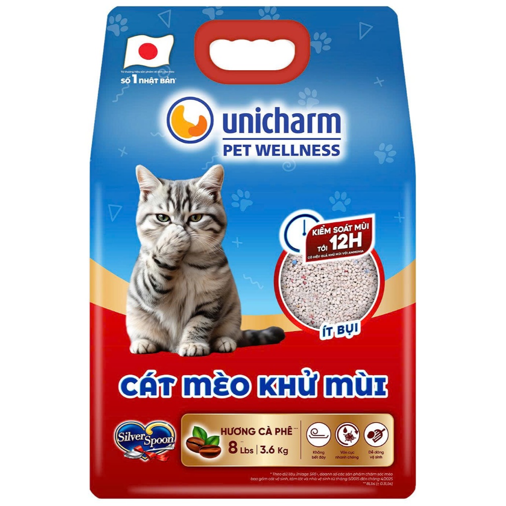 [V] Combo 5 Cát mèo khử mùi Silver Spoon Unicharm Pet Wellness, hương cà phê/hương chanh 8 Lbs (3.6 kgx5)