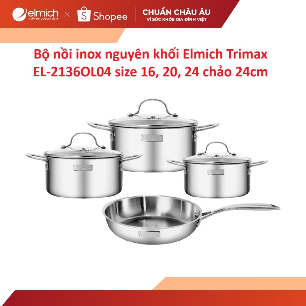Bộ nồi inox nguyên khối Elmich Trimax EL-2136OL04 size 16, 20, 24 chảo 24cm
