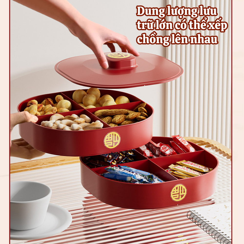 Khay Đựng Mứt Tết Chia Ngăn Sang Trọng DINOHOME, Khay Đựng Bánh Kẹo, Trái Cây Có Nắp Đậy Decor Bàn Tiệc