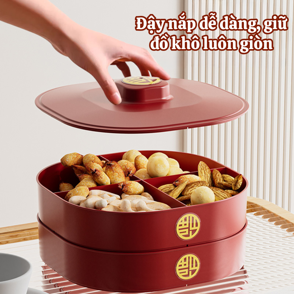 Khay Đựng Mứt Tết Chia Ngăn Sang Trọng DINOHOME, Khay Đựng Bánh Kẹo, Trái Cây Có Nắp Đậy Decor Bàn Tiệc