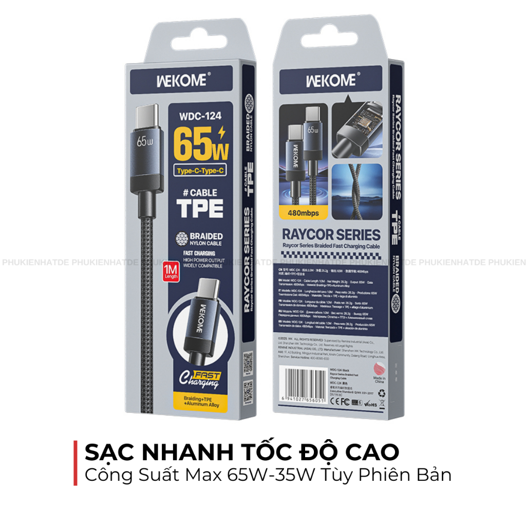 Dây Sạc Nhanh WEKOME WDC-124/125 Raycor Series – Dây Bện Bền Bỉ, Sạc Nhanh 65W, Truyền Dữ Liệu 480Mbps