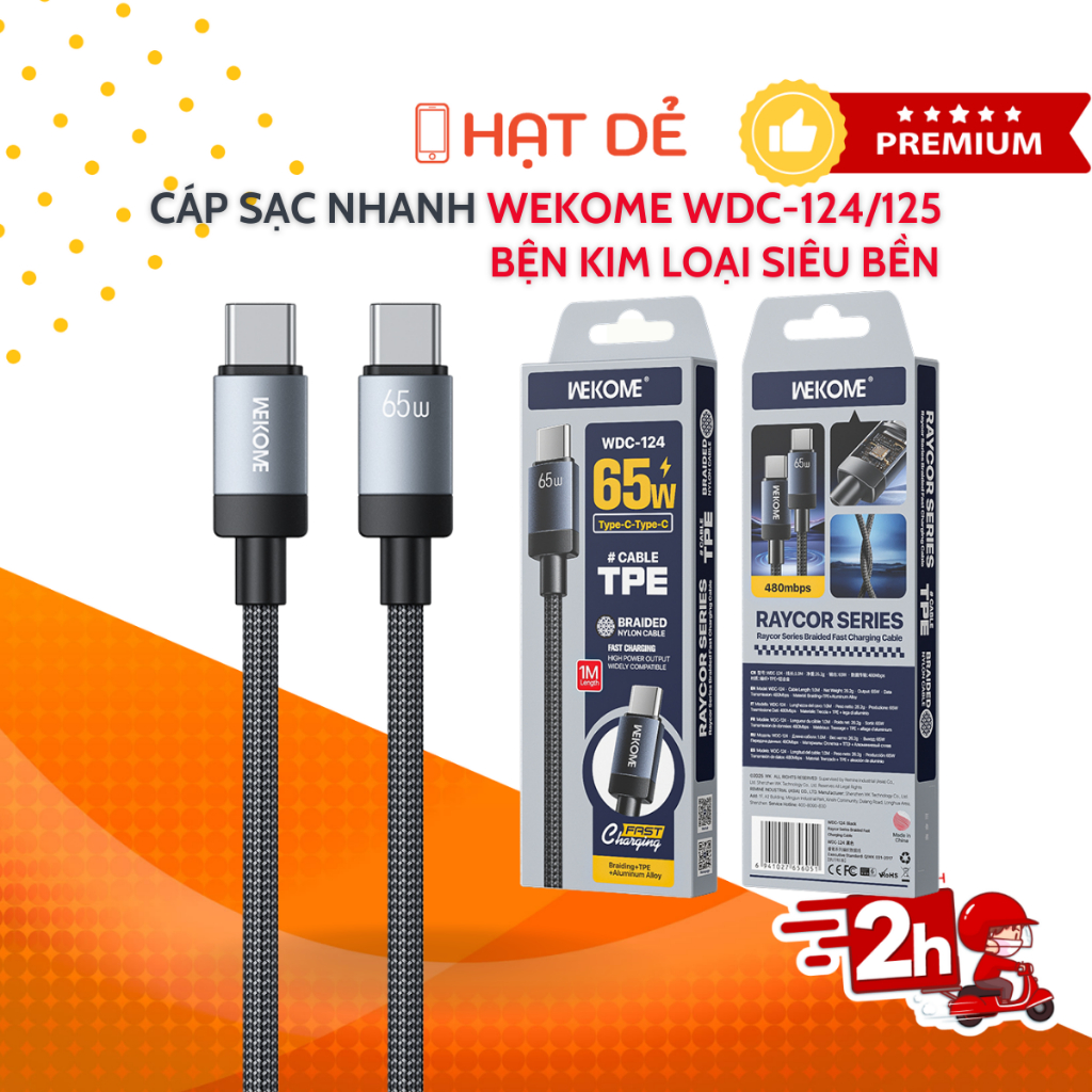 Dây Sạc Nhanh WEKOME WDC-124/125 Raycor Series – Dây Bện Bền Bỉ, Sạc Nhanh 65W, Truyền Dữ Liệu 480Mbps