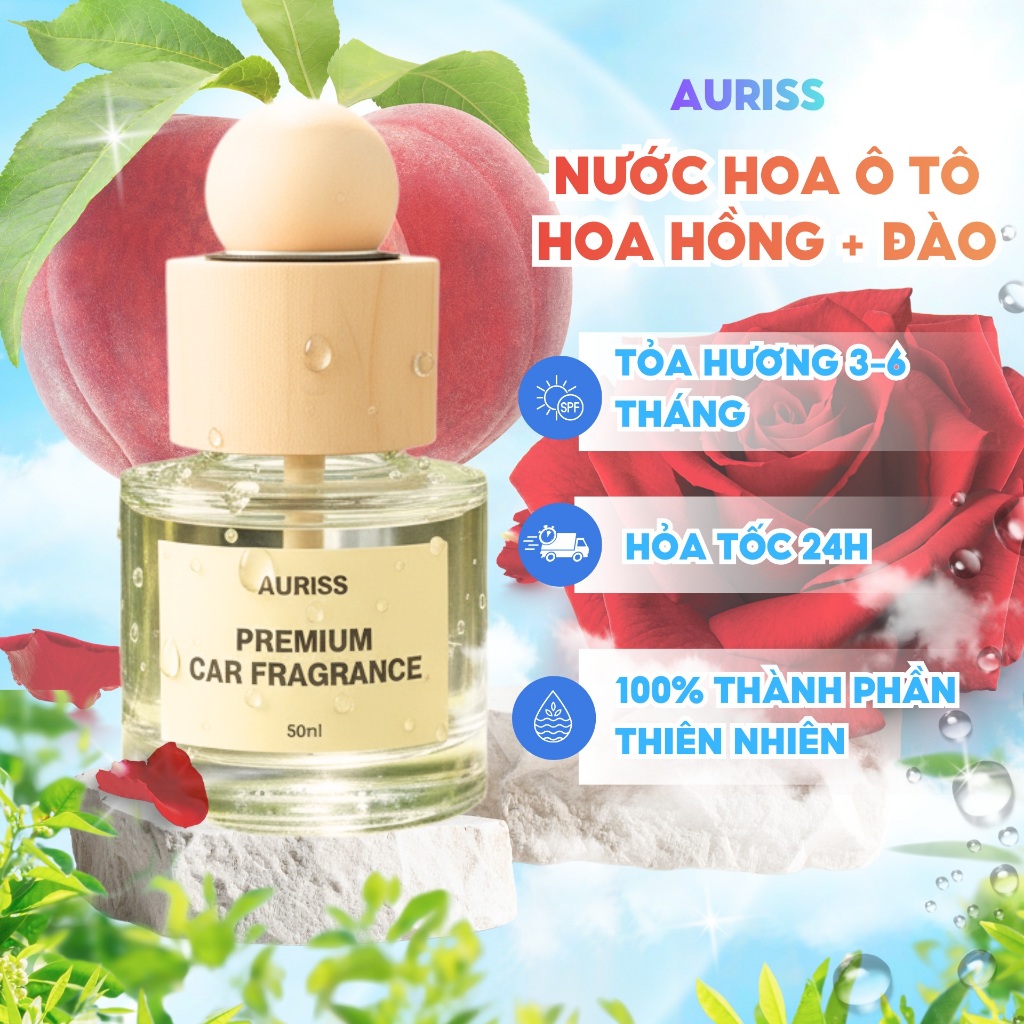 Combo 2 Lọ Nước Hoa Ô Tô Hương Hoa Hồng + Đào 50ml Cao Cấp - Nước Hoa Ô Tô Khử Mùi, Chống Say Xe, Mùi Hương Thư Giãn