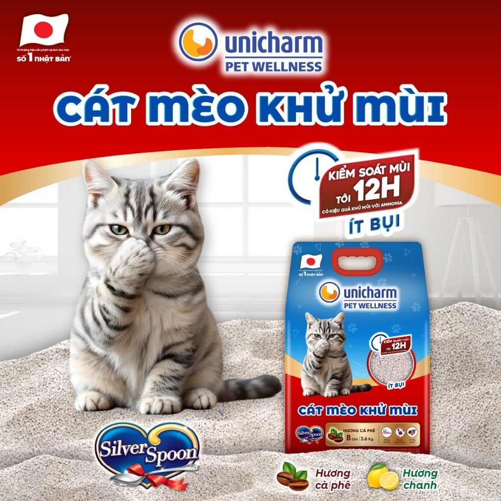 [V] Combo 5 Cát mèo khử mùi Silver Spoon Unicharm Pet Wellness, hương cà phê/hương chanh 8 Lbs (3.6 kgx5)