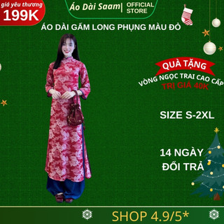 Áo dài cách tân nữ gấm Long Phụng màu đỏ mẫu mới họa tiết nổi phối cúc bọc chất liệu gấm cao cấp