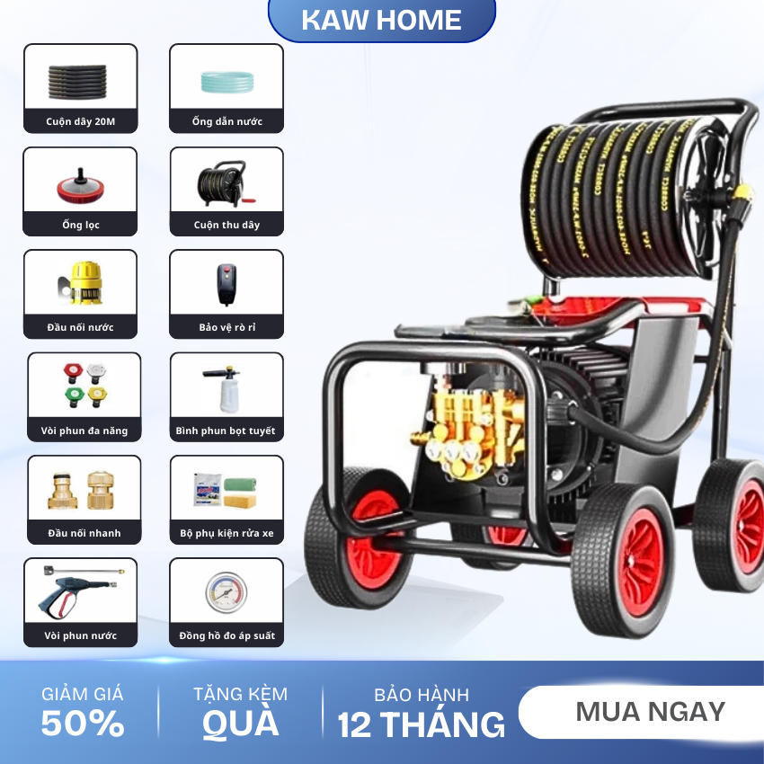 Máy rửa xe cao áp KAW 5000W công suất lớn – rửa ô tô, xe tải, máy công trình nhanh gọn siêu sạch