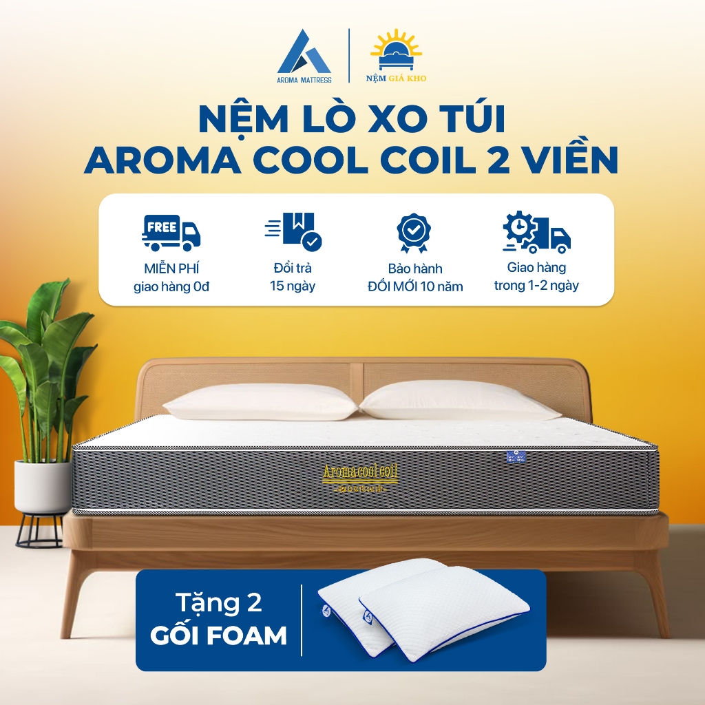 Nệm Lò Xo Túi Độc Lập Aroma Cool Coil 2 Viền, Chính Hãng, Bảo Hành 10 Năm