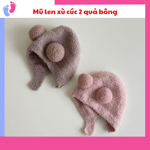Mũ len LÔNG XÙ  CÚC 2 quả bông có khuy bấm và quai đeo saubabi
