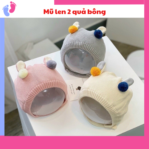 Mũ 2 quả bông giữ ấm mùa đông có quai giữ cằm cho bé saubabi