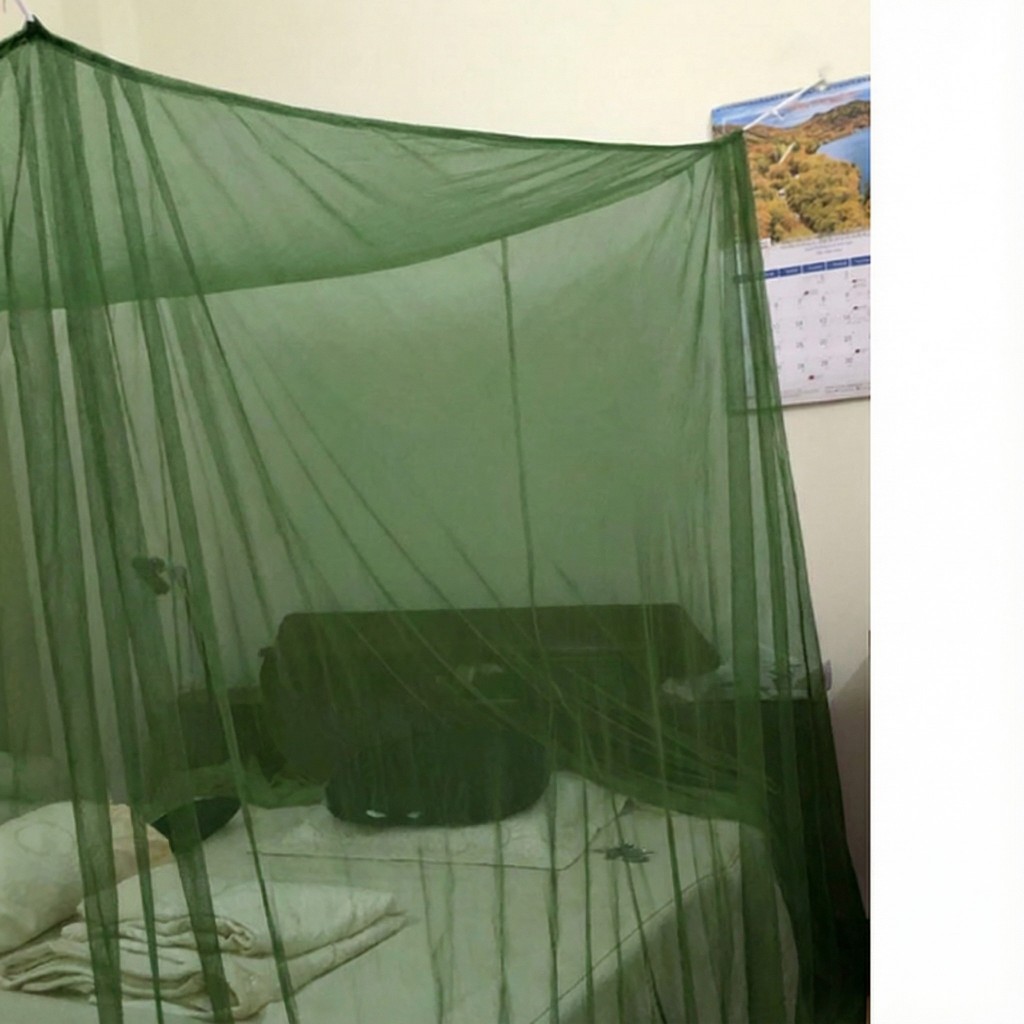 Mùng chống muỗi xanh rêu, thương hiệu ete, XẾP LY cao 2m, mắc 4 góc, nhiều tai, may thủ công
