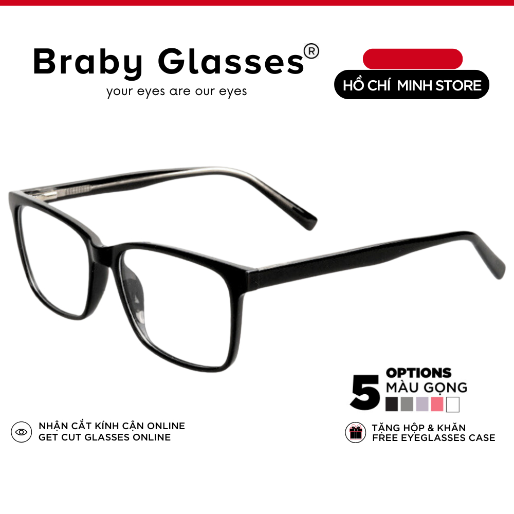 Gọng kính cận mắt vuông lõi thép thời trang nam nữ Braby Glasses thiết kế đơn giản chất liệu nhựa dẻo TR90 cao cấp MK84