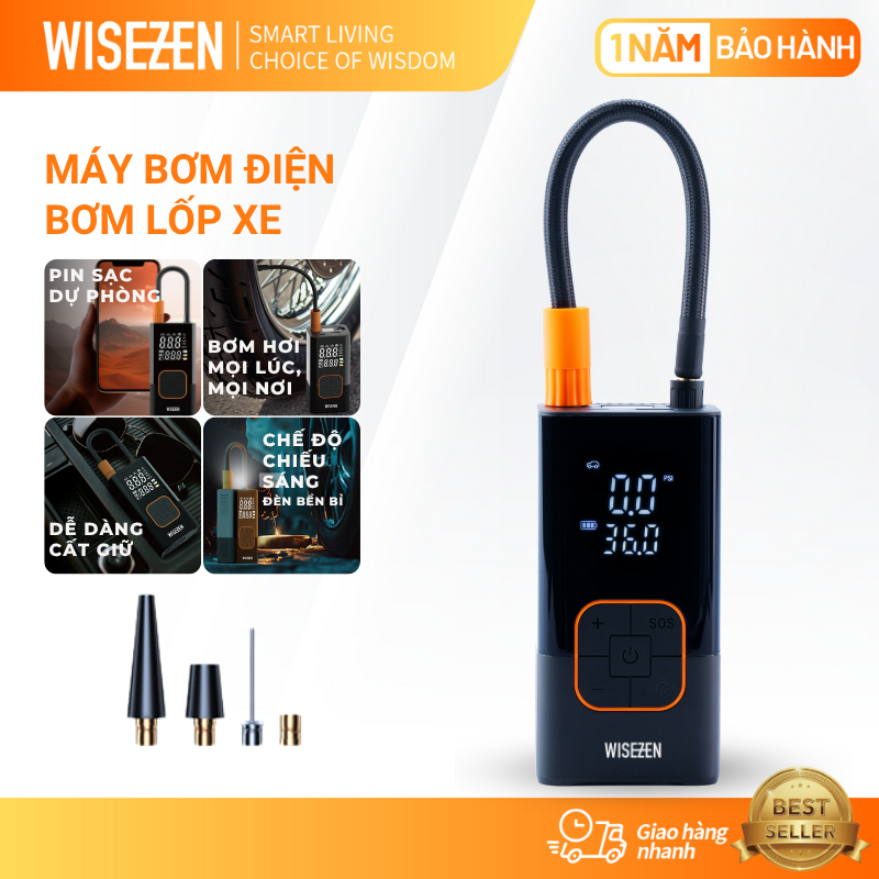 Máy bơm lốp ô tô Wisezen nhỏ gọn có màn hình áp suất